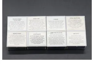 Detailed macro view of 8-piece mineral crystal specimen set with English educational labels
