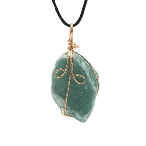 Green Aventurine raw stone pendant with gold wire wrapping on black cord necklace
