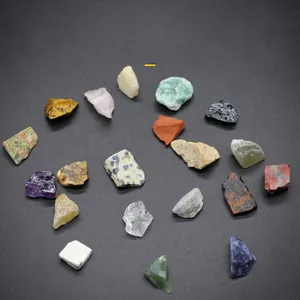 Detailed collection of 20 natural raw mineral ore specimens including amethyst and tiger eye
