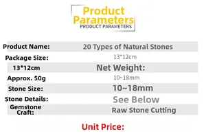 Detailed specification chart for 20 natural crystal mineral specimens with dimensions and weight