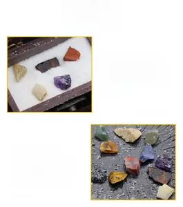 Macro view of assorted natural mineral stones and raw crystal specimens in a wooden gift box