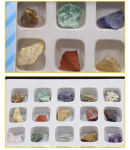 Detailed view of 15 natural mineral specimens and raw crystal stones in a collection tray