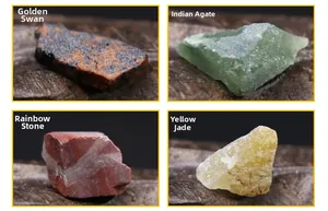 Detailed grid of Gold Swan, Indian Agate, Rainbow Stone, and Topaz mineral specimens