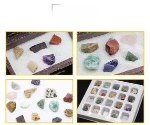 Macro shot of natural agate and crystal mineral specimens in a wooden display box
