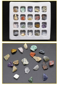 Set of 20 natural mineral specimens including amethyst and tiger eye in a storage box
