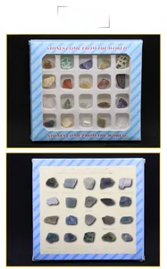 Educational set of 20 natural raw mineral stones in a blue windowed gift box package