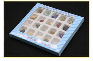 Detailed collection of 20 natural raw mineral ore specimens in a window display box