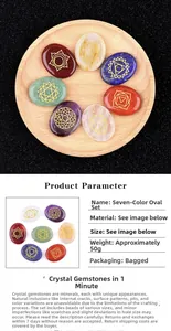 Macro shot of seven colorful oval natural crystals with golden chakra symbols on wood