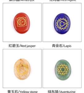 Macro detail of oval chakra stones with golden etched symbols for healing and meditation
