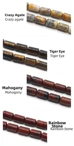 Macro view of natural stone barrel beads including Crazy Agate, Tiger Eye, and Mahogany Stone