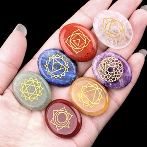 Natural Crystal Chakra Healing Stones Energy Collection Gold Engraved Symbols Oval Polished Stones For Meditation Yoga Home Decor
