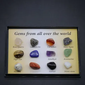 Macro shot of 12 mini polished crystal specimens in a black display box with labels