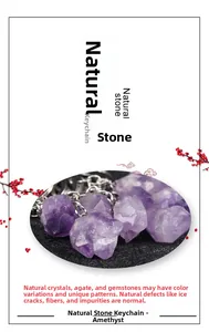 Detailed view of raw natural purple amethyst stone keychain with silver metal ring