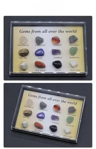Top and side view of 12 natural crystal mineral specimens in a labeled clear display box