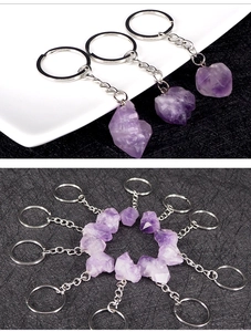 Macro view of raw amethyst crystal keychain with natural purple textures and silver ring