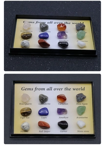 Detailed macro view of 12 mini mineral crystal stone specimens set with name labels
