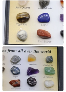 Macro shot of 12 natural mineral specimens including rose quartz and amethyst in a display box