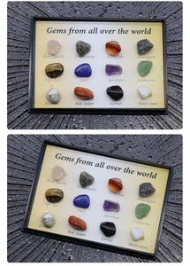 Detailed macro shot of 12 natural mineral specimens mounted on an labeled display card