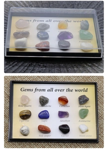 Set of 12 polished crystal and mineral specimens displayed on a labeled identification card