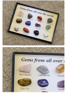 Detailed view of 12 natural mineral specimens labeled in a professional display box