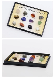 Detailed view of 12 natural polished mini gemstones in a yellow labeled display box