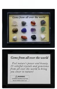 Detailed view of 12 mini natural crystal ore specimens in transparent display packaging