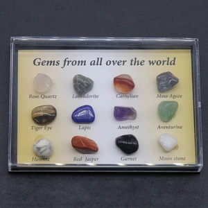 Collection of 12 natural polished crystal mineral specimens in a clear display box