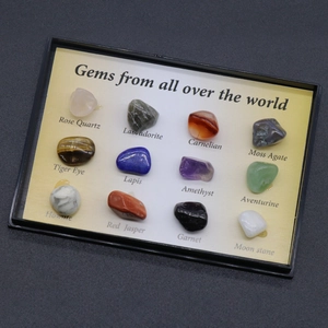Set of 12 polished natural crystal mineral specimens on golden display base with labels