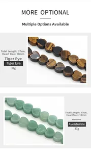 Detailed view of 10mm tiger eye and aventurine heart beads with length dimensions