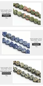 Detail of 10mm heart-shaped natural stone beads including unakite and sodalite for DIY