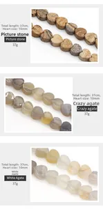 Detailed view of heart-shaped natural stone beads with dimensions and material specifications