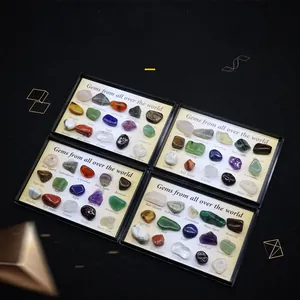 Set of 15 polished mini crystal gemstones and minerals in a window display box