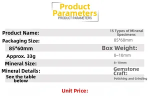 Detailed specifications table for 15 pieces of polished mineral specimens in a compact box