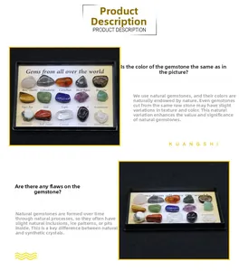 Detailed set of 15 mini natural crystal gems and minerals in a black specimen collection box