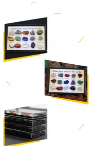 Macro detail of 20 polished crystal mineral specimens neatly arranged in a black display box
