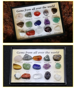 Detailed collection box featuring 15 varieties of polished gemstone mineral specimens
