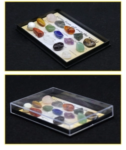 Detailed set of 15 polished mini gemstone specimens in a display box for geology education