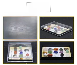 Detailed grid view of 15 mineral specimens in a labeled educational display box