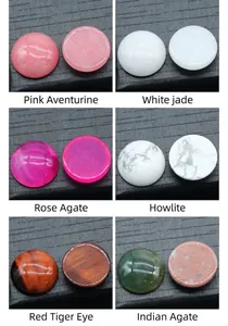 Detailed view of 18mm round natural stone cabochons in various minerals and colors
