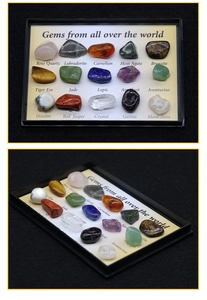 Detailed collection of 15 polished crystal and agate mineral specimens in a black display tray