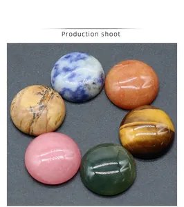 Top view of six polished 18mm round natural crystal cabochons in various gemstones