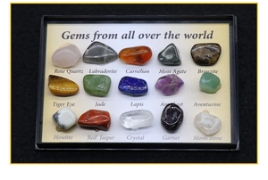 Detail view of 15 mini polished crystal specimens labeled in a black display gift box