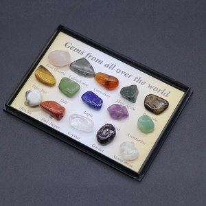 Collection of 15 mini polished crystal and agate gemstones in a black display tray
