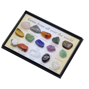 Educational set of 15 mini polished crystal agate gemstones and mineral specimens in a box