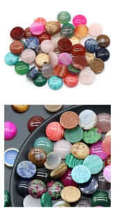 Macro view of assorted polished 16mm round natural crystal and stone cabochons