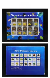 Detailed view of 10 crystal mini bottles and mineral gemstone guide on the box lid