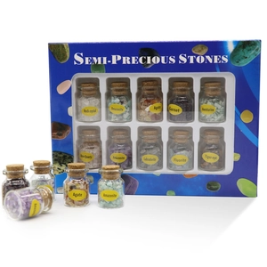 Set of 10 crystal gem mineral specimens in glass bottles with a blue gift box