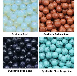 Detailweergave van vier synthetische kralen: Opaal, Goudsteen, Blauwe zandsteen en Turkoois