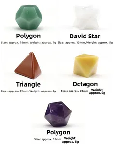 Macro display of diverse crystal geometry shapes with precise size and weight specs