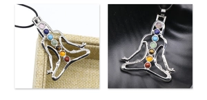 Detailed view of silver yoga meditation pendant with seven colorful chakra stones